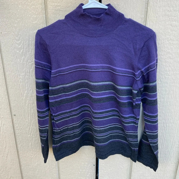 Talbots Merino Wool Turtleneck Sweater Made in Italy Size Medium Purple Striped - Picture 2 of 5